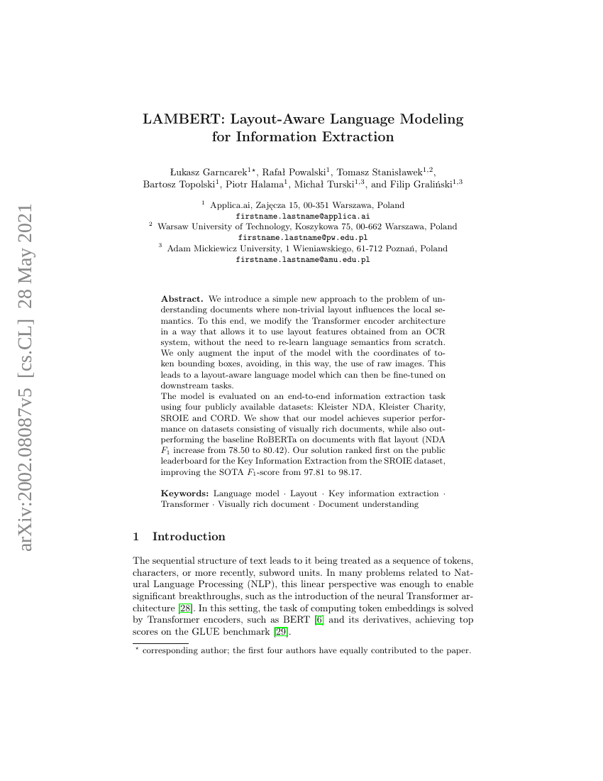 LAMBERT:面向信息抽取的布局感知(语言)建模