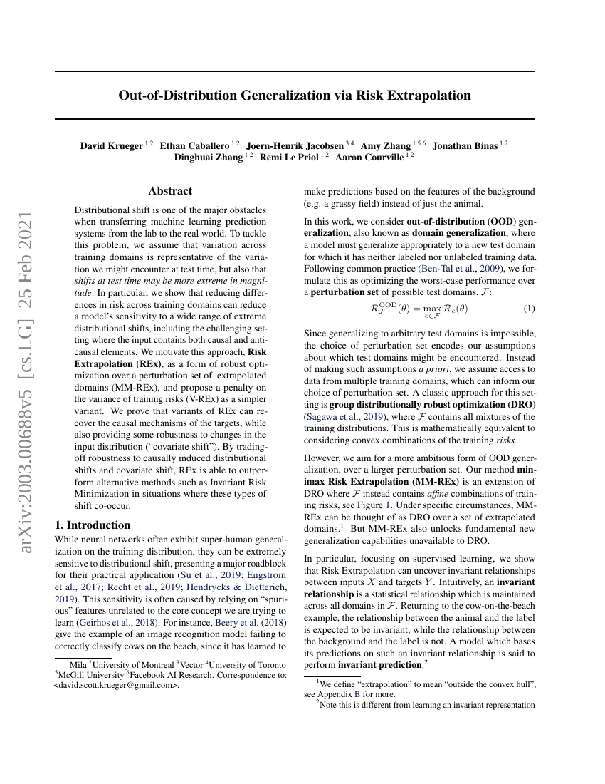 基于风险外推(Risk Extrapolation, REx)的分布外泛化