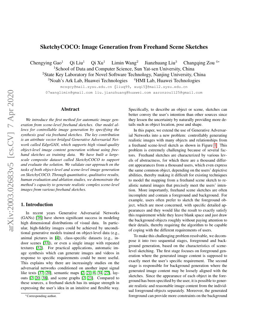 SketchyCOCO：从自由手绘场景草图生成图像
