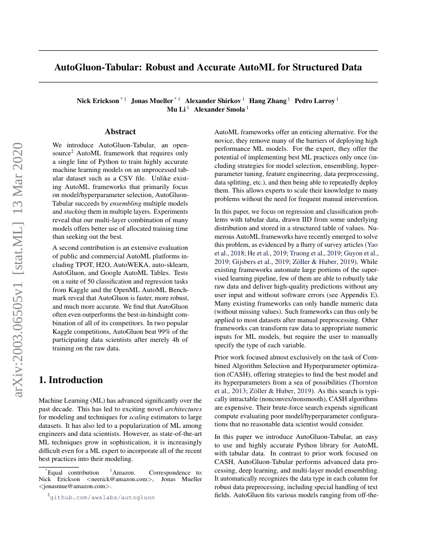 AutoGluon-Tabular:面向结构化数据的鲁棒且精准的AutoML