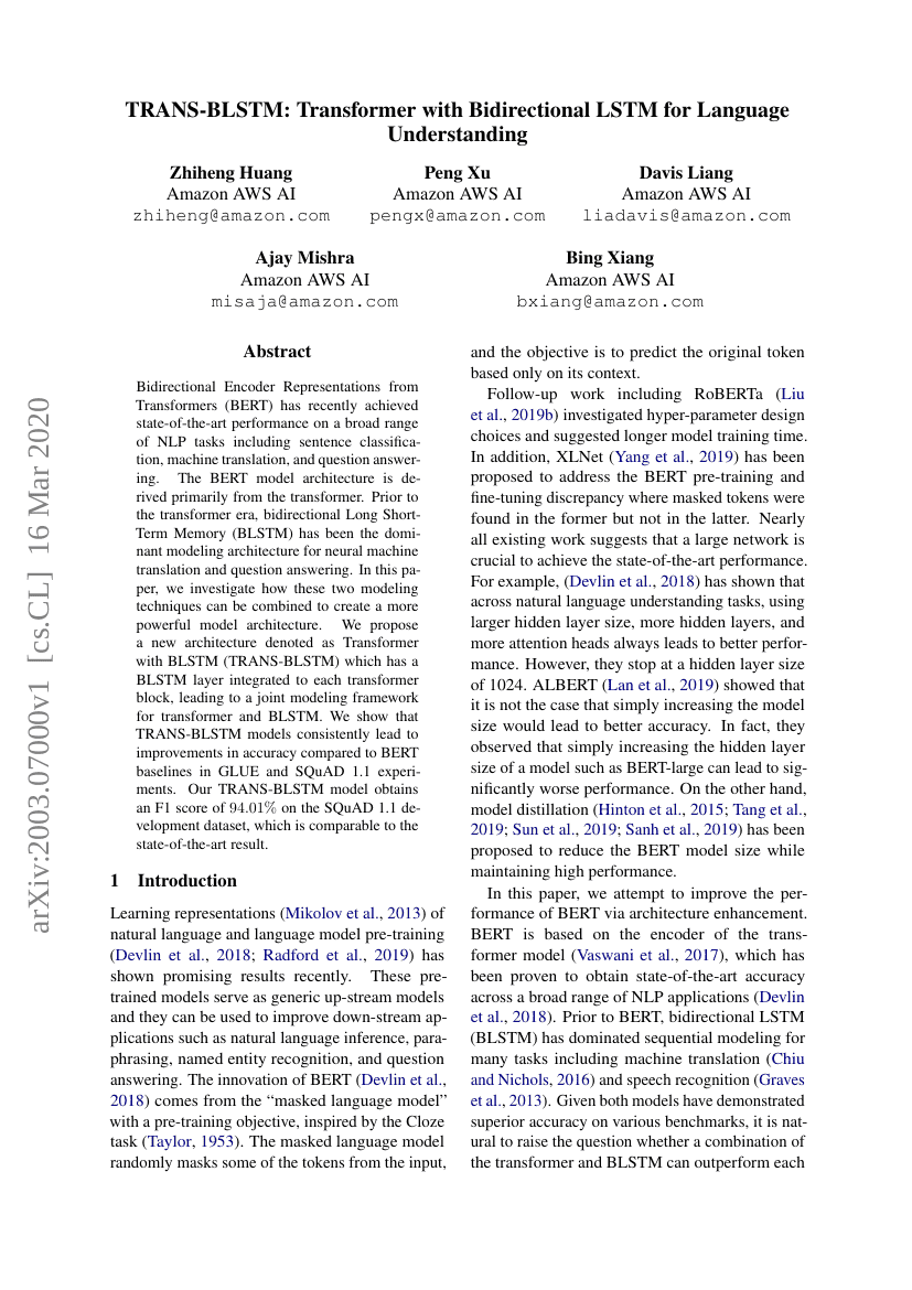 TRANS-BLSTM:用于语言理解的双向LSTM增强型Transformer