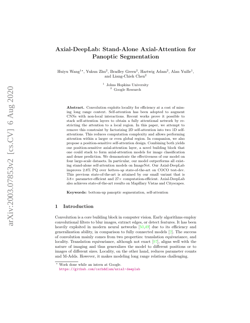 Axial-DeepLab:用于全景分割的独立轴向注意力机制
