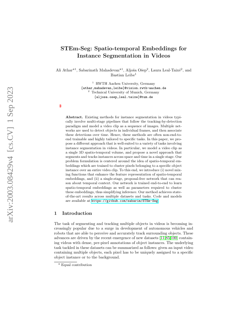 STEm-Seg:视频实例分割中的时空嵌入
