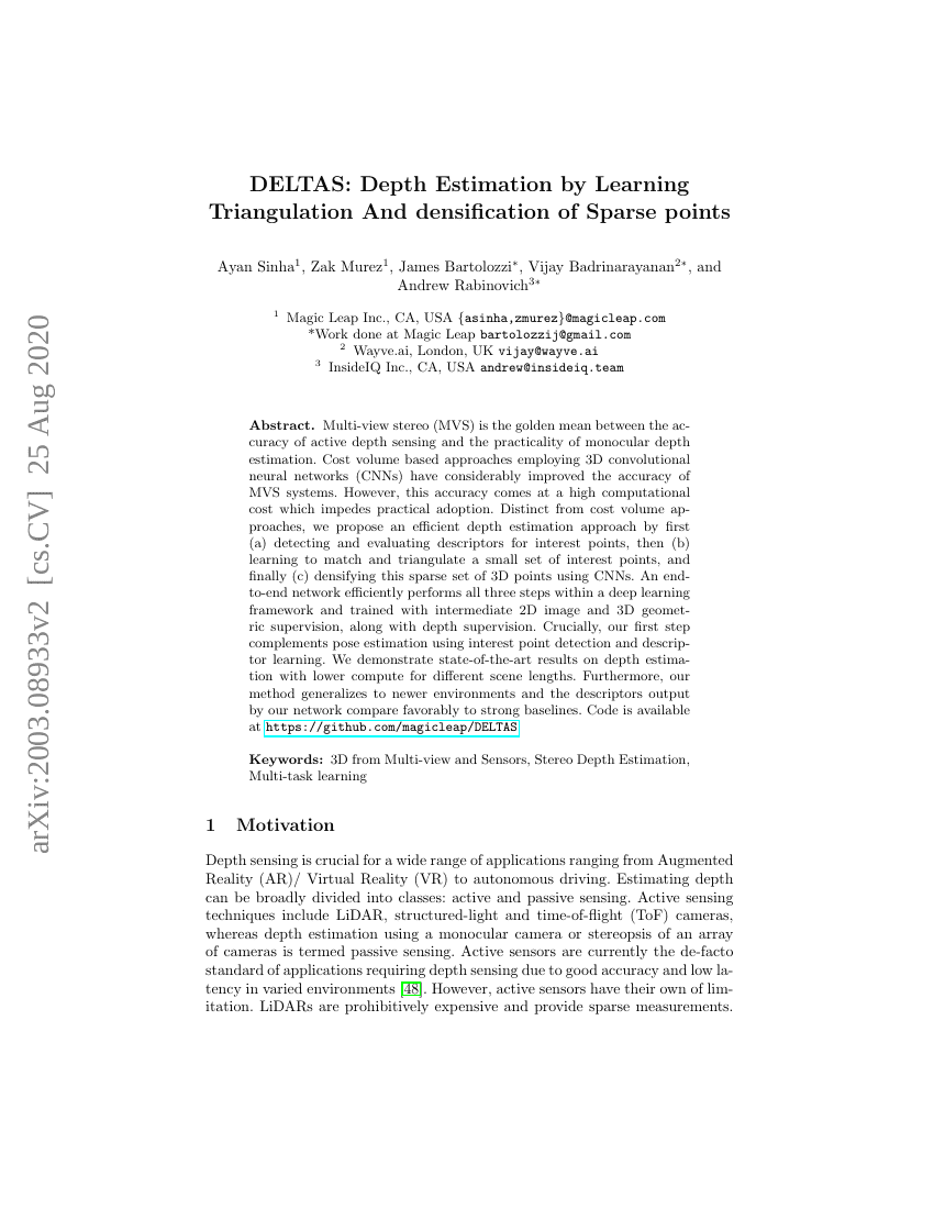 DELTAS:通过学习三角测量和稀疏点的稠密化进行深度估计