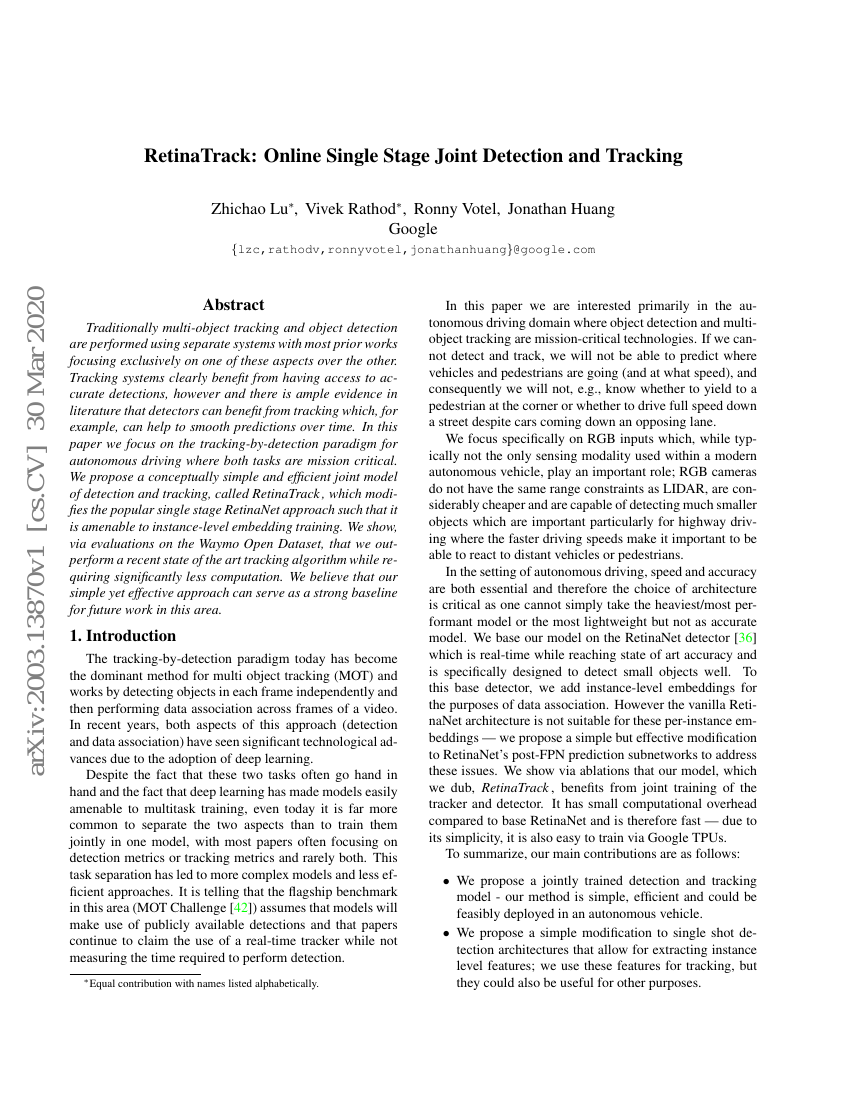 RetinaTrack:在线单阶段联合检测与追踪