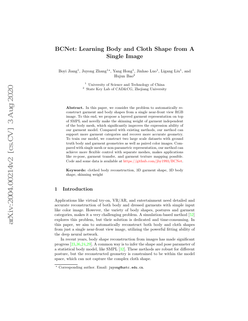 BCNet：从单张图像学习身体和衣物形状
