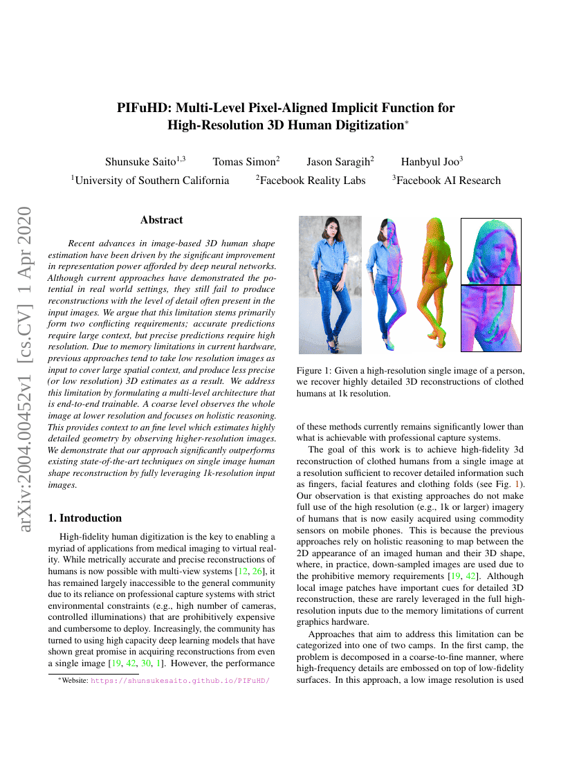 PIFuHD:多层级像素对齐隐式函数用于高分辨率3D人体数字化