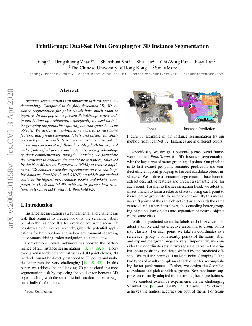 PointGroup:用于3D实例分割的双集合点分组