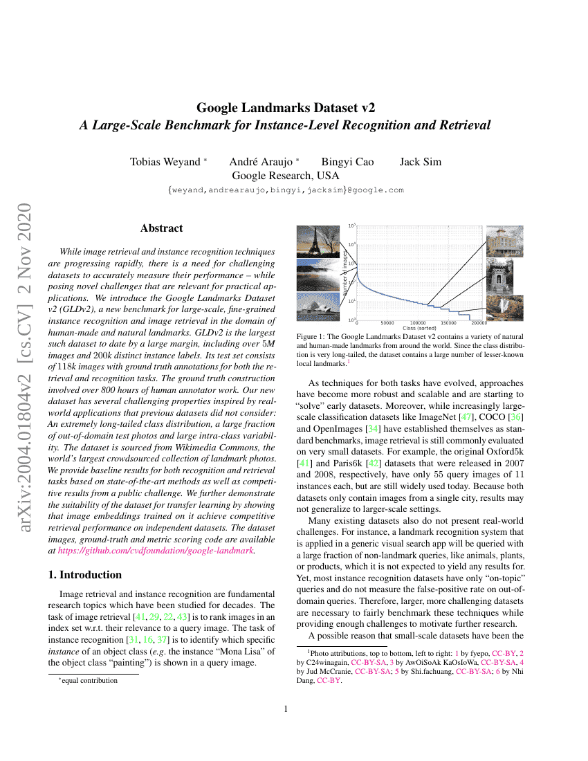 Google Landmarks Dataset v2 —— 面向实例级识别与检索的大规模基准数据集