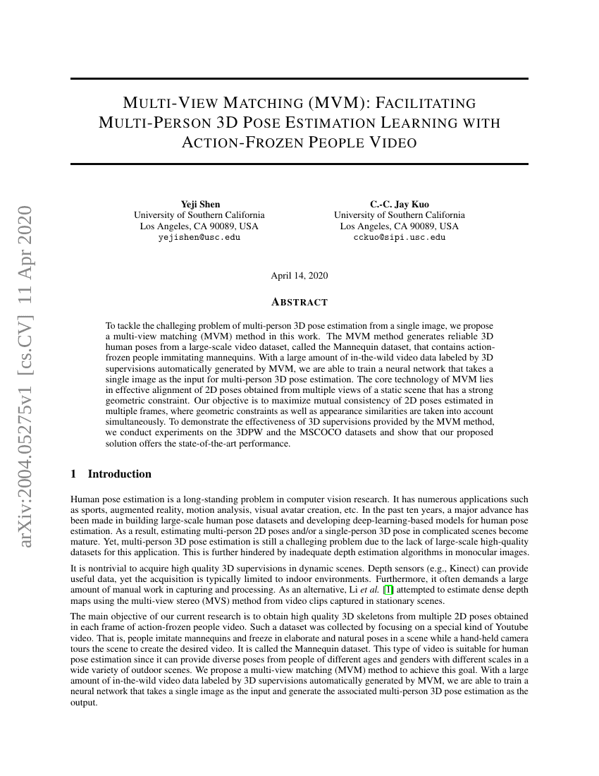 多视角匹配(Multi-View Matching, MVM):通过动作冻结的人体视频促进多人3D姿态估计学习
