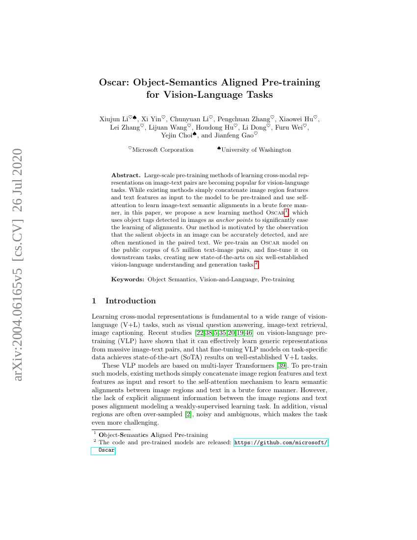 Oscar:面向视觉-语言任务的物体语义对齐预训练
