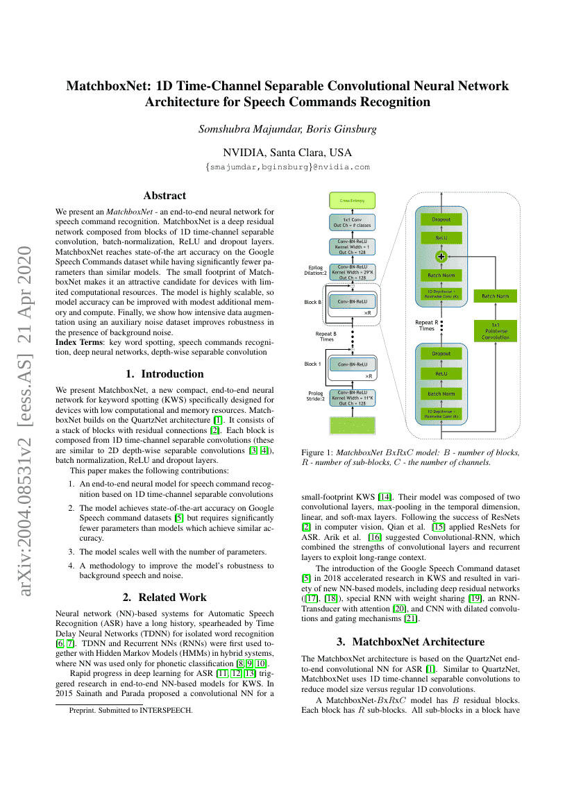 MatchboxNet:用于语音命令识别的一维时空可分卷积神经网络架构