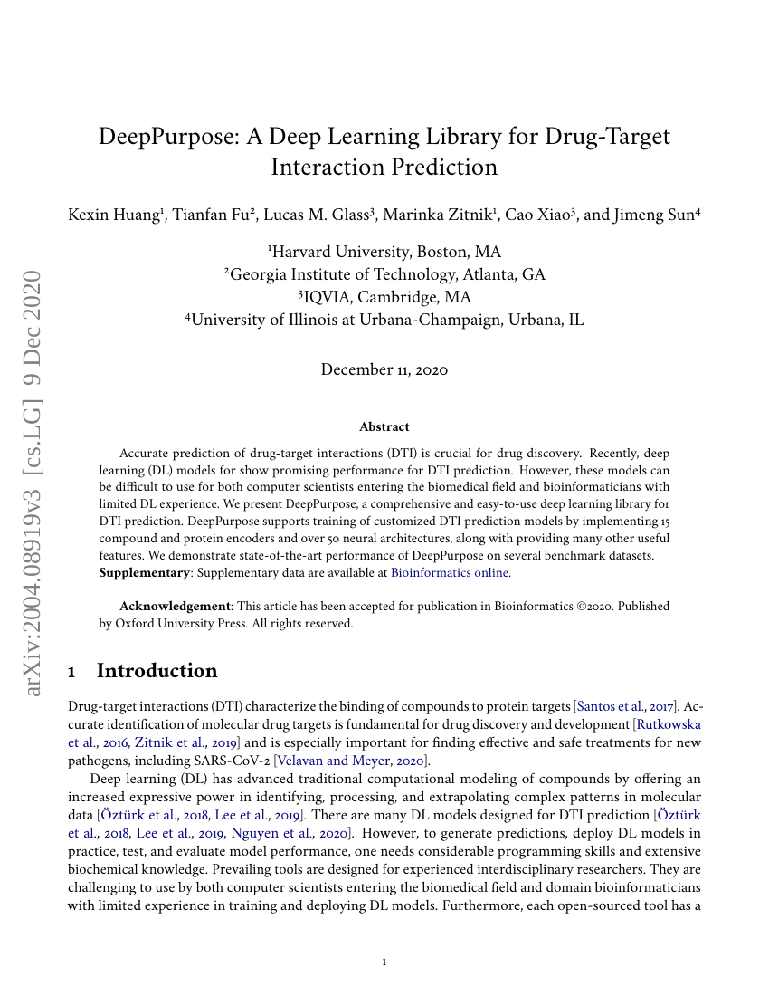 DeepPurpose:用于药物-靶标相互作用预测的深度学习库