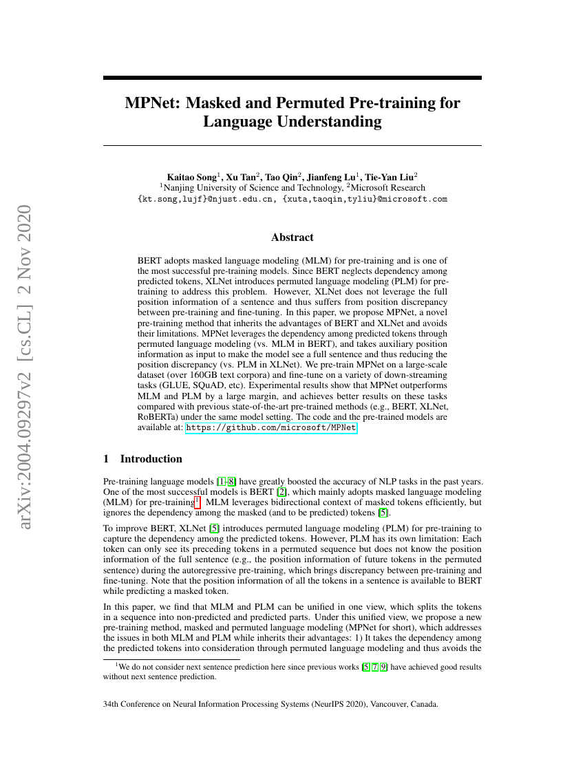 MPNet:用于语言理解的掩码和排列预训练模型