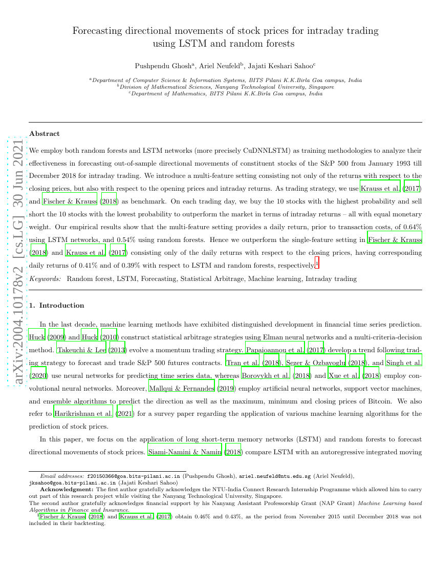 使用LSTM与随机森林进行日内交易的股票价格方向性走势预测