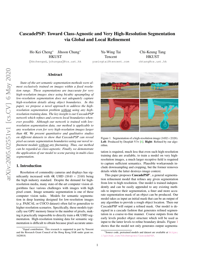CascadePSP：通过全局与局部优化实现类别无关且超高分辨率分割