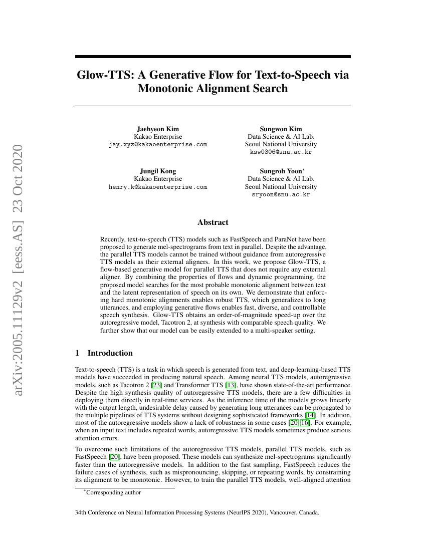 Glow-TTS:通过单调对齐搜索实现的文本到语音生成流