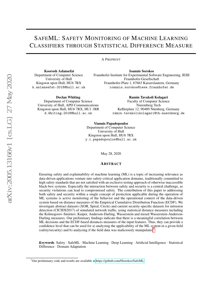 SafeML:通过统计差异度量实现对机器学习分类器的安全监控