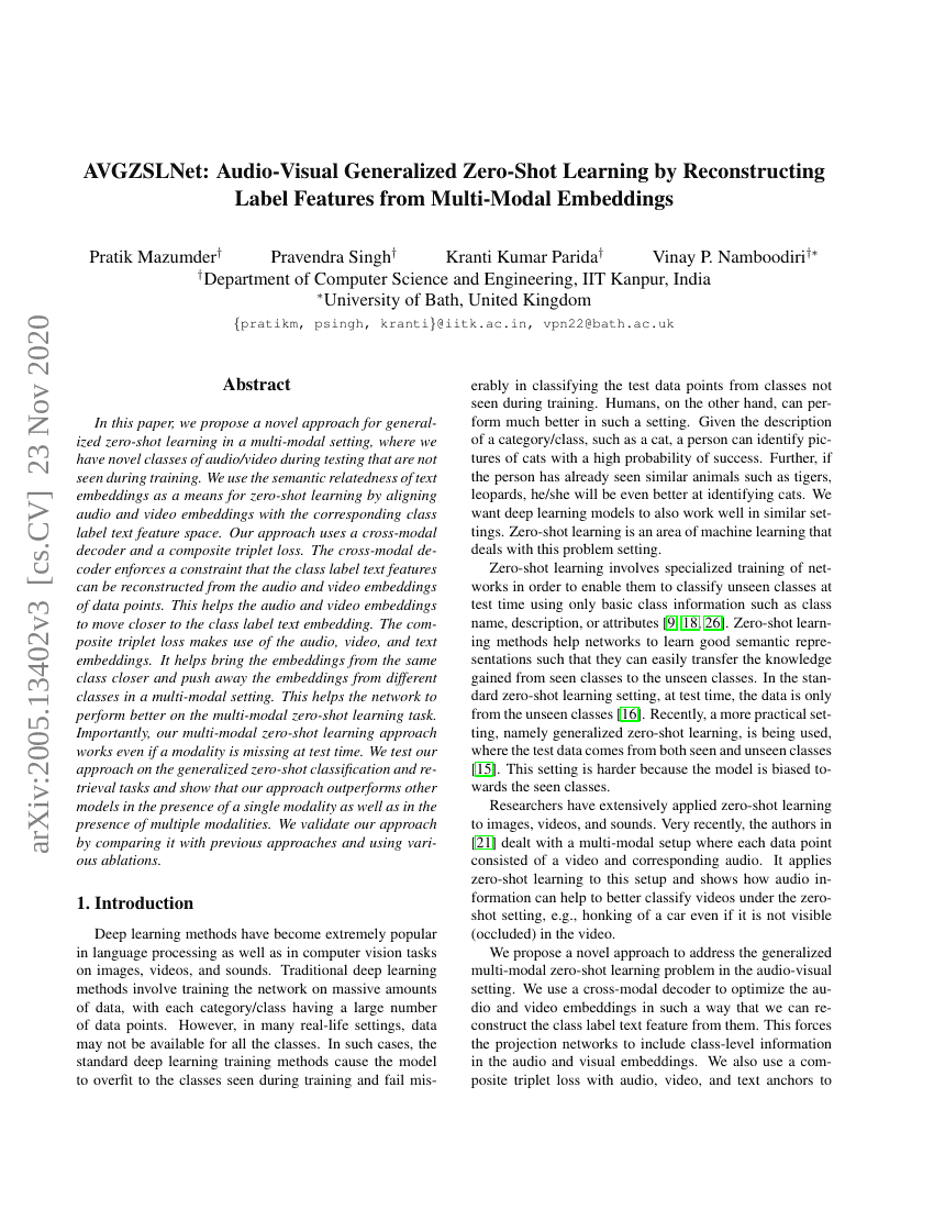 AVGZSLNet:基于多模态嵌入重构标签特征的音频视觉泛化零样本学习