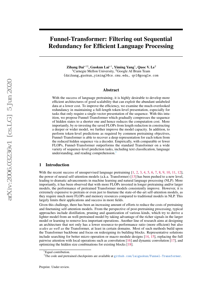 漏斗-Transformer:通过过滤序列冗余实现高效的语言处理