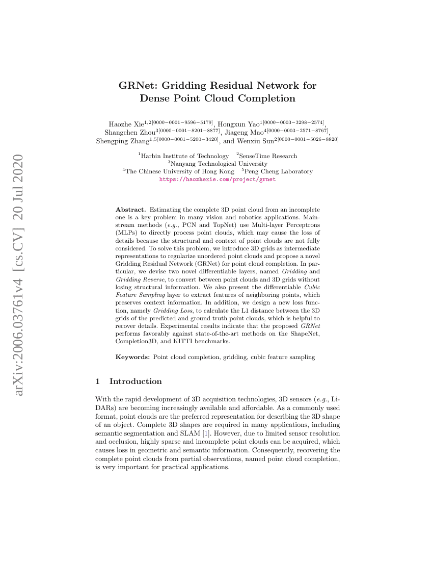 GRNet:用于密集点云补全的网格残差网络