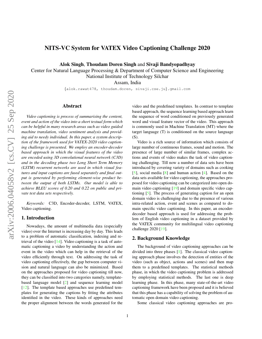 NITS-VC 系统在 VATEX 视频字幕挑战赛 2020 中的应用