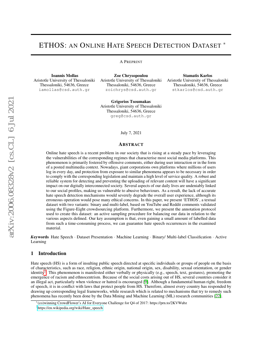 ETHOS:一个在线仇恨言论检测数据集