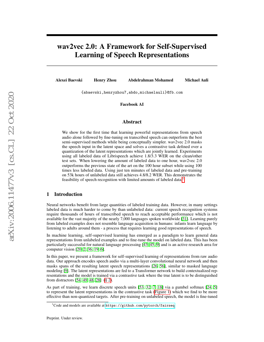 wav2vec 2.0:一种用于语音表征自监督学习的框架