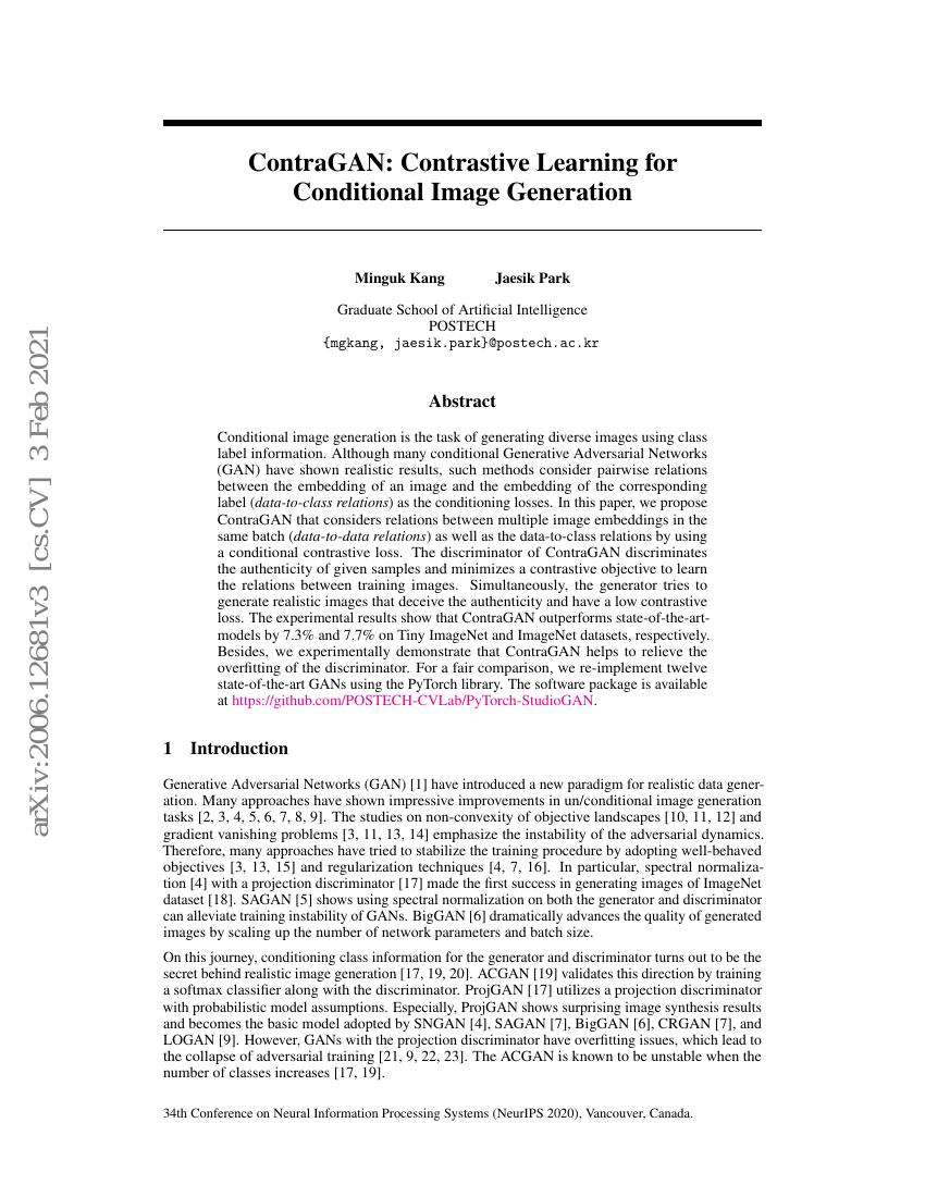 ContraGAN:用于条件图像生成的对比学习