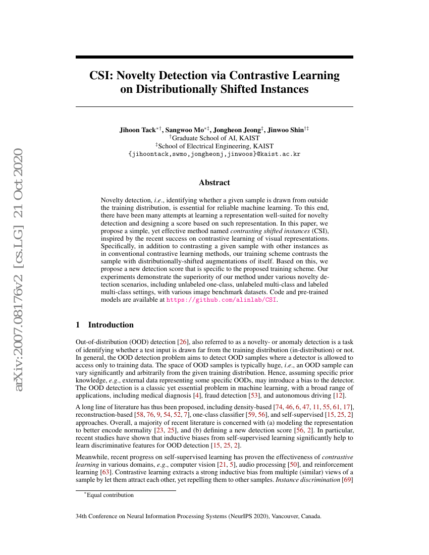 CSI：通过分布外实例的对比学习进行新奇检测