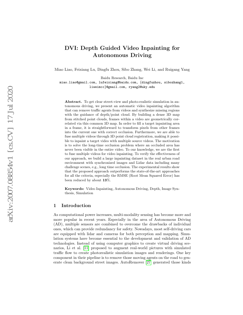 DVI:基于深度引导的自动驾驶视频修复