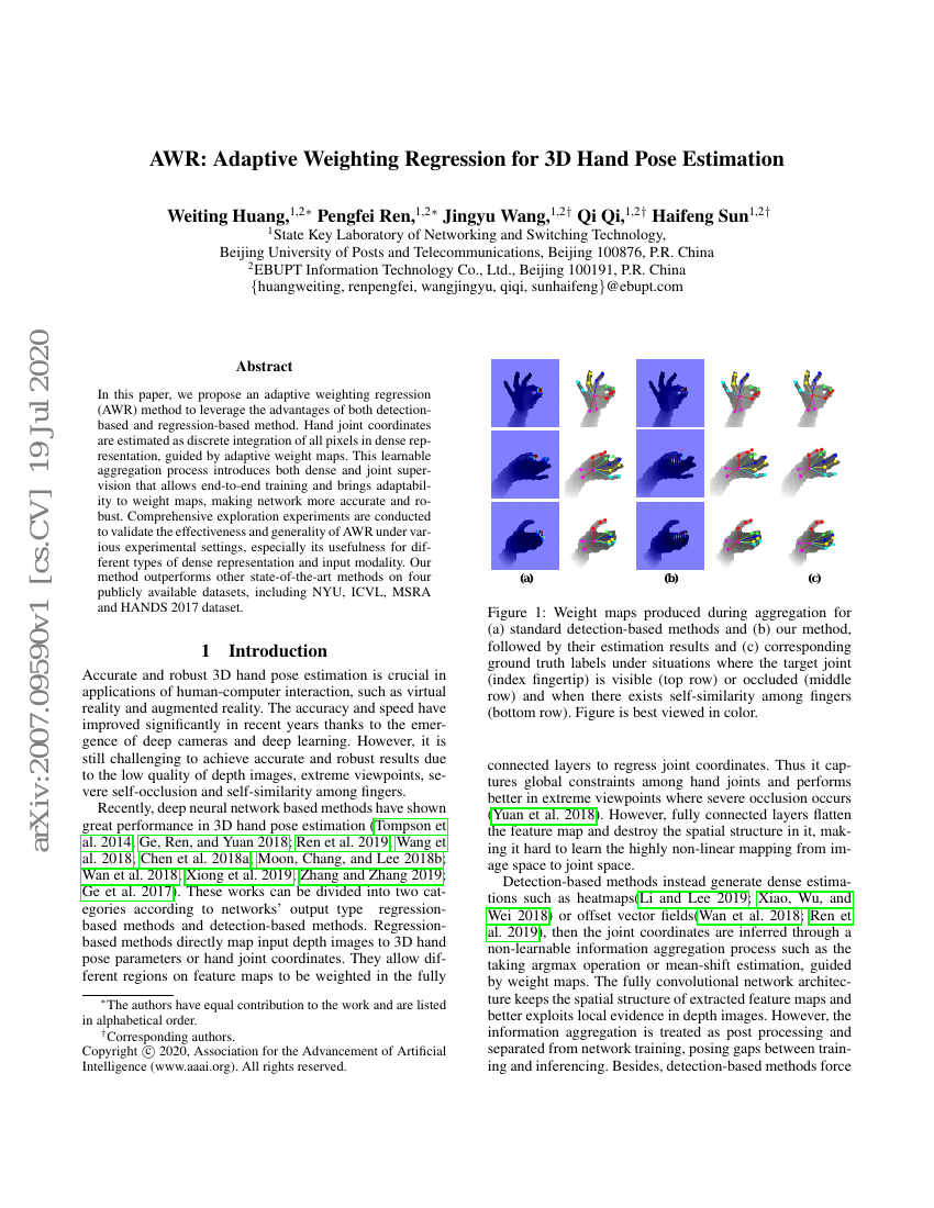 AWR:用于3D手部姿态估计的自适应加权回归