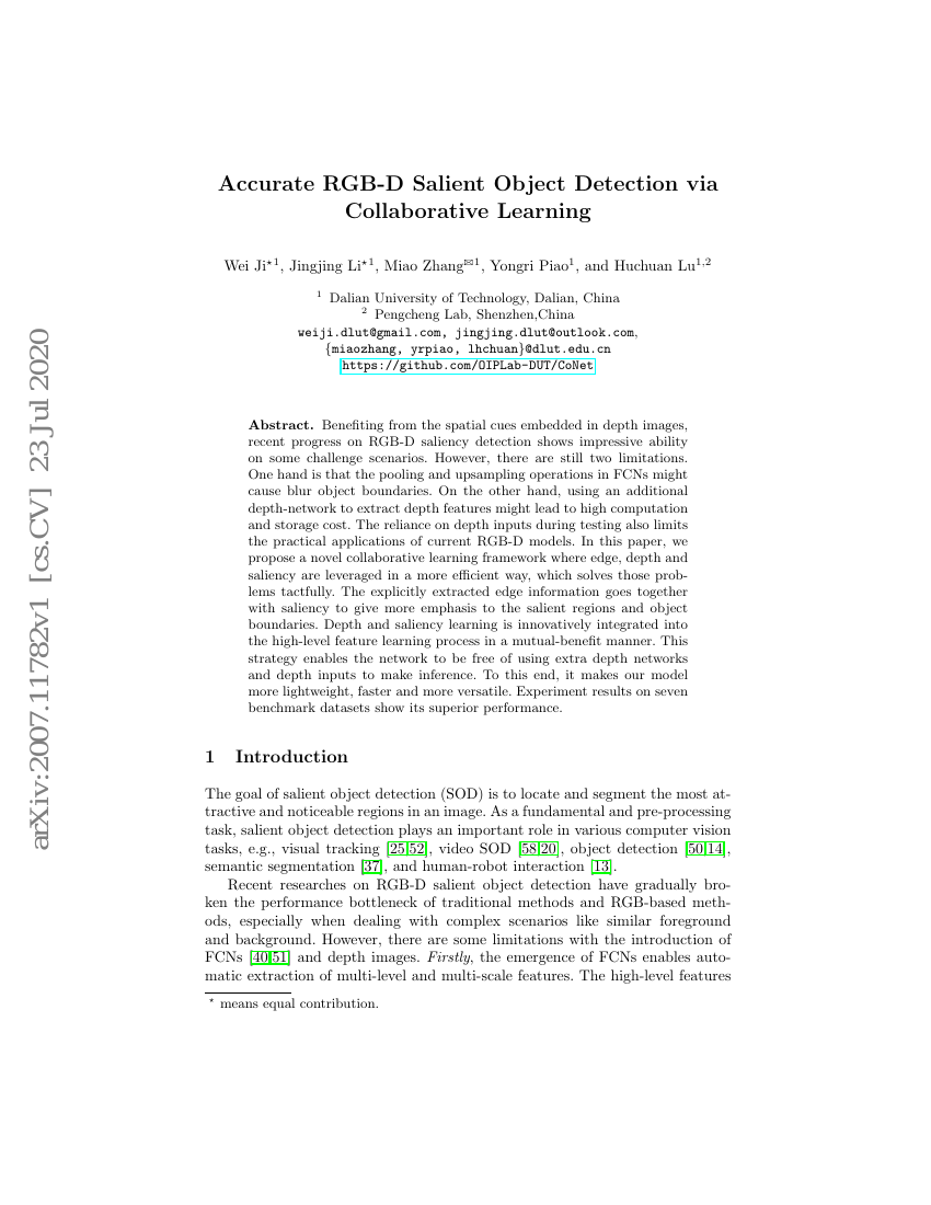 基于协同学习的精准RGB-D显著目标检测