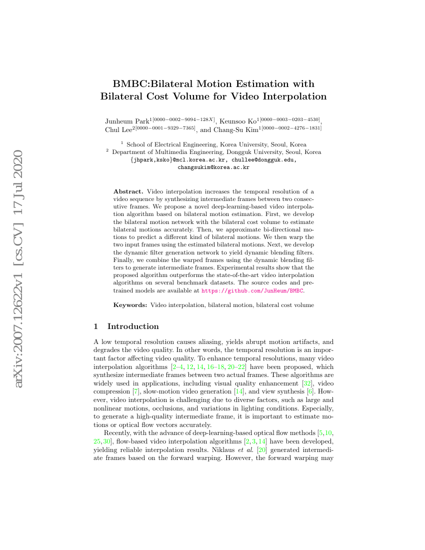 BMBC:基于双边代价体的双边运动估计用于视频插值