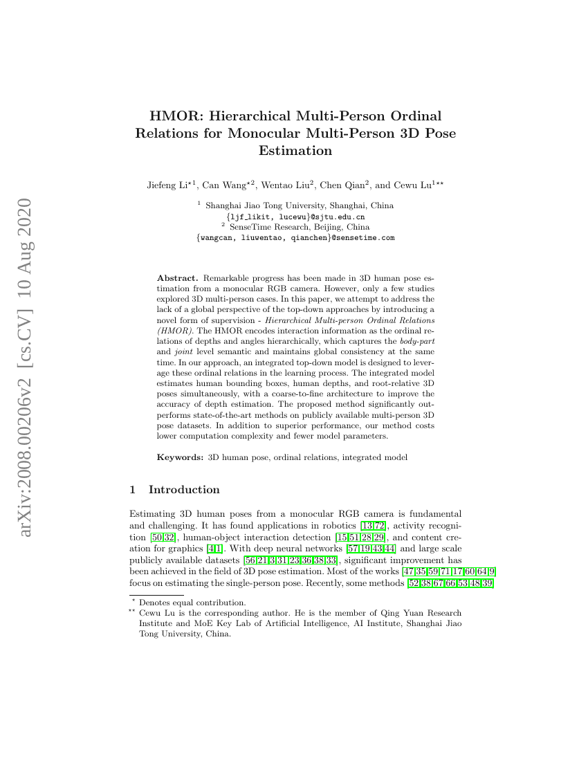 HMOR:用于单目多人3D姿态估计的层次多人序关系