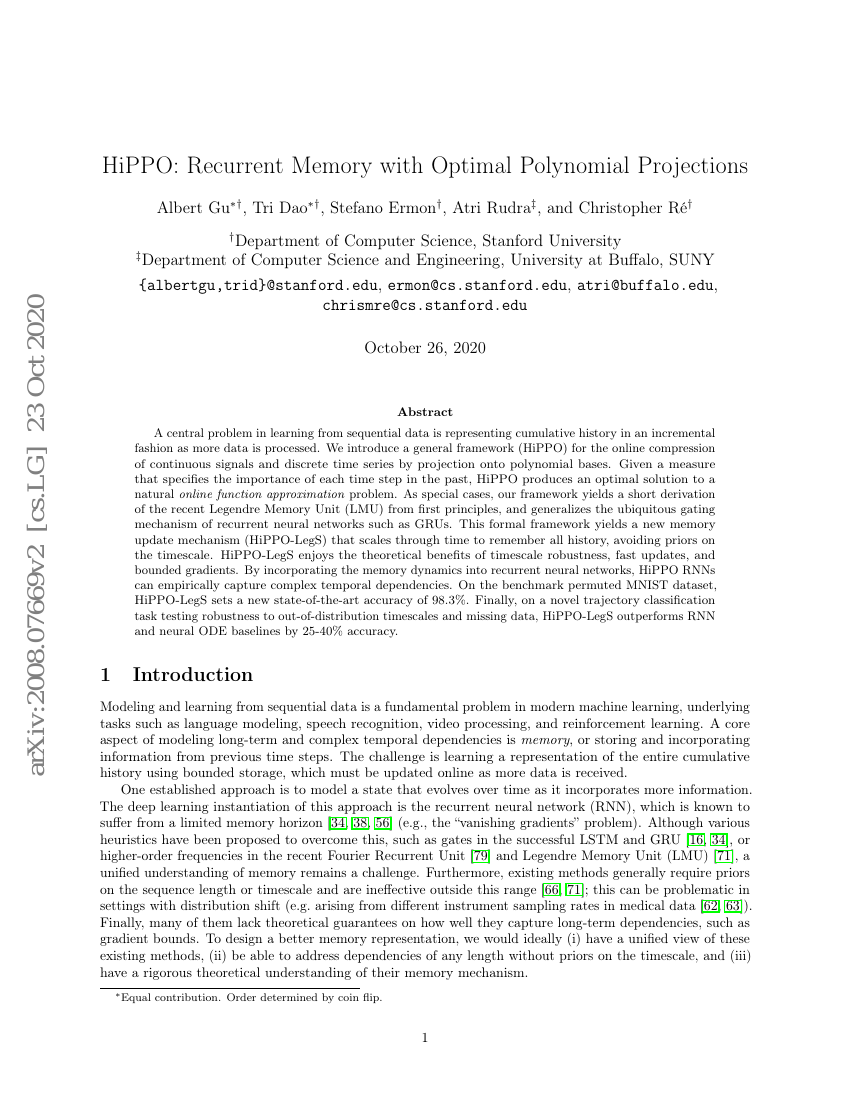 HiPPO:具有最优多项式投影的递归记忆