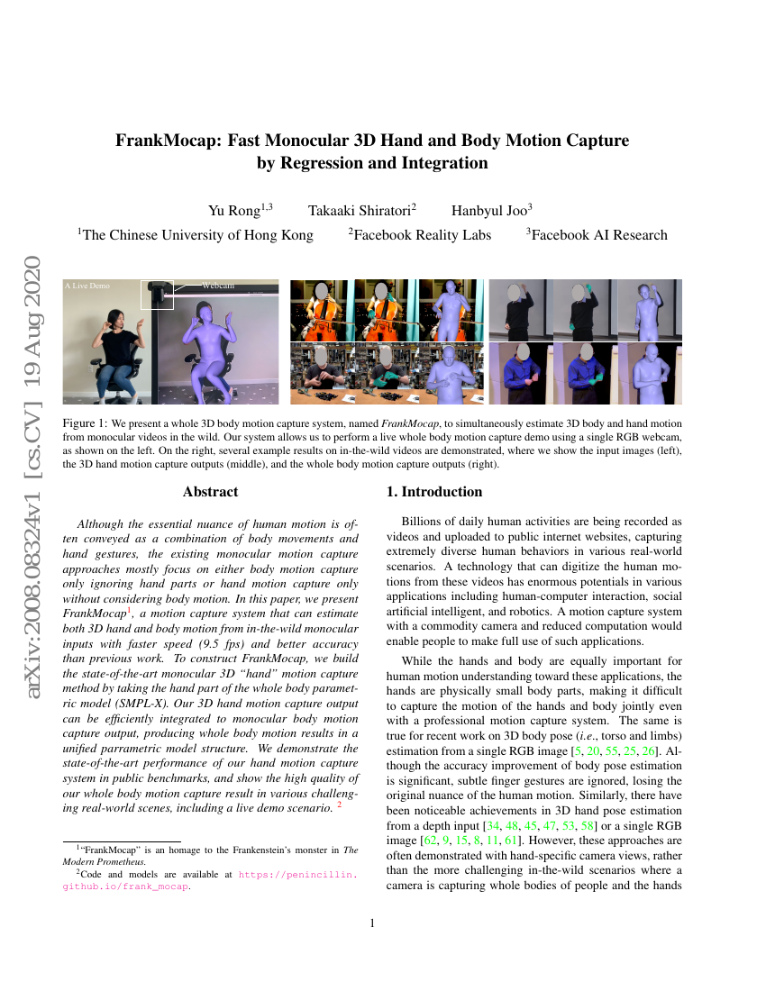 FrankMocap:通过回归与融合实现快速单目三维手部与身体动作捕捉