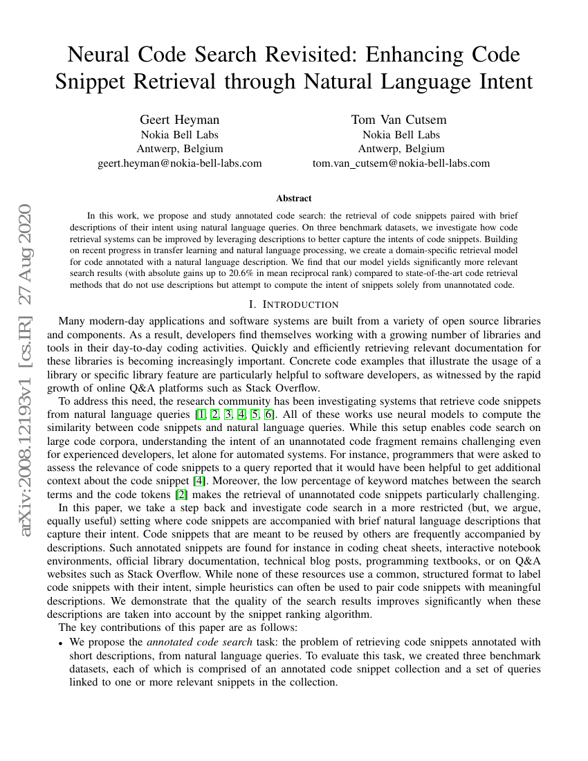 神经代码搜索重访:通过自然语言意图增强代码片段检索