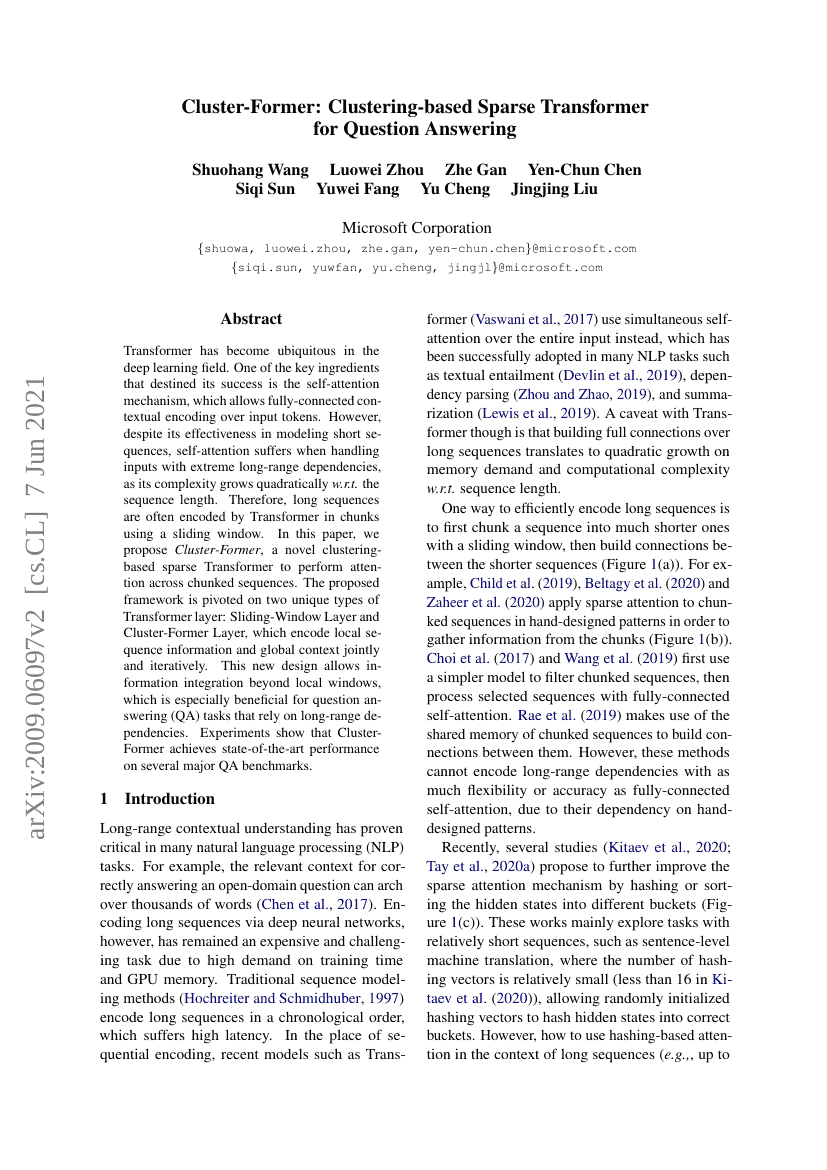 Cluster-Former:基于聚类的稀疏Transformer用于长程依赖编码