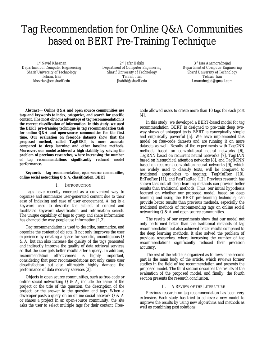 基于BERT预训练技术的在线问答社区标签推荐