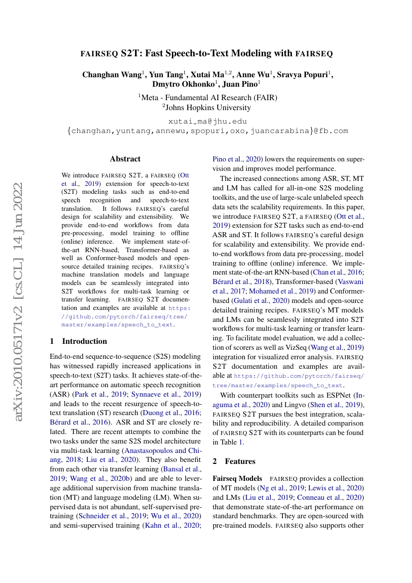fairseq S2T:基于 fairseq 的快速语音到文本建模