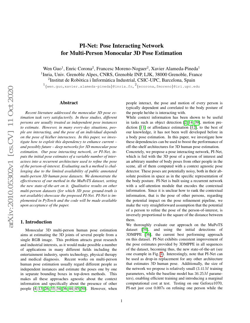 PI-Net: Pose Interacting Network for Multi-Person Monocular 3D Pose
Estimation