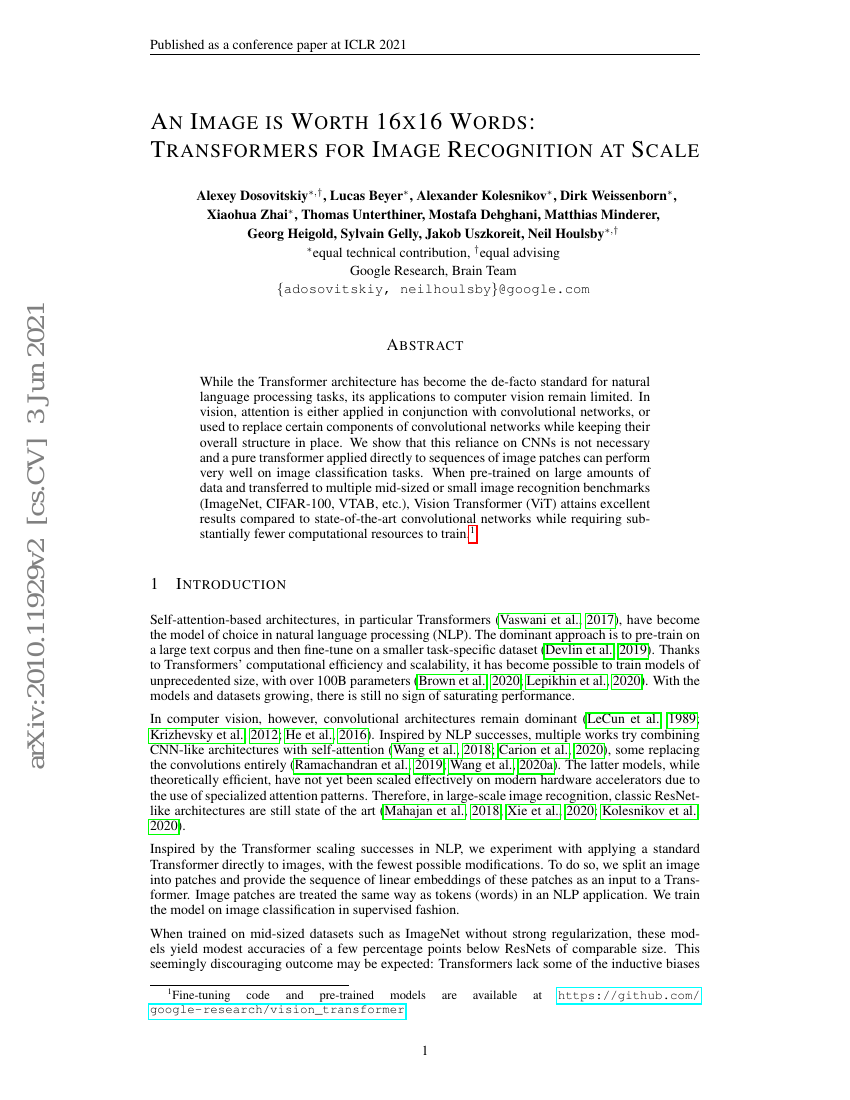 一张图像的价值相当于16×16个词:面向大规模图像识别的Transformer