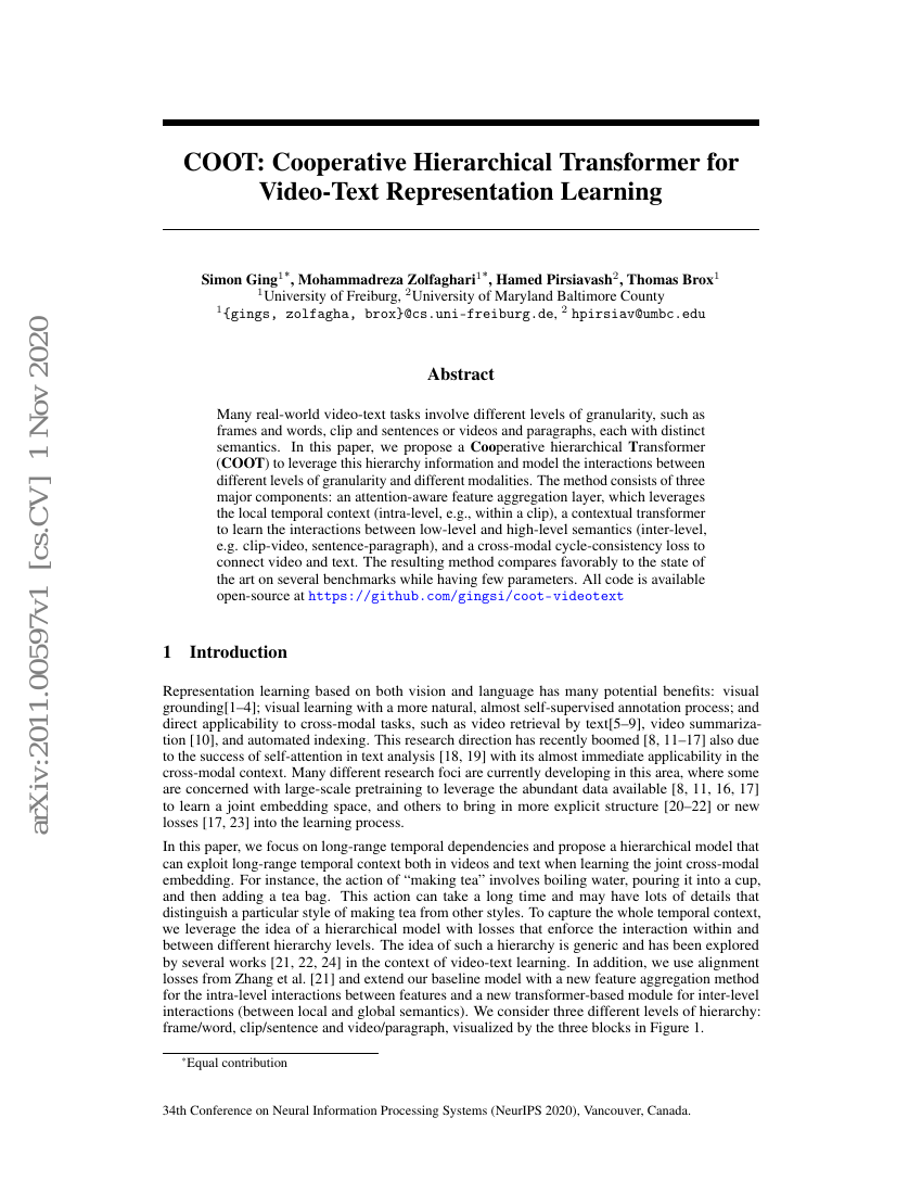 COOT:用于视频-文本表征学习的协作式分层Transformer