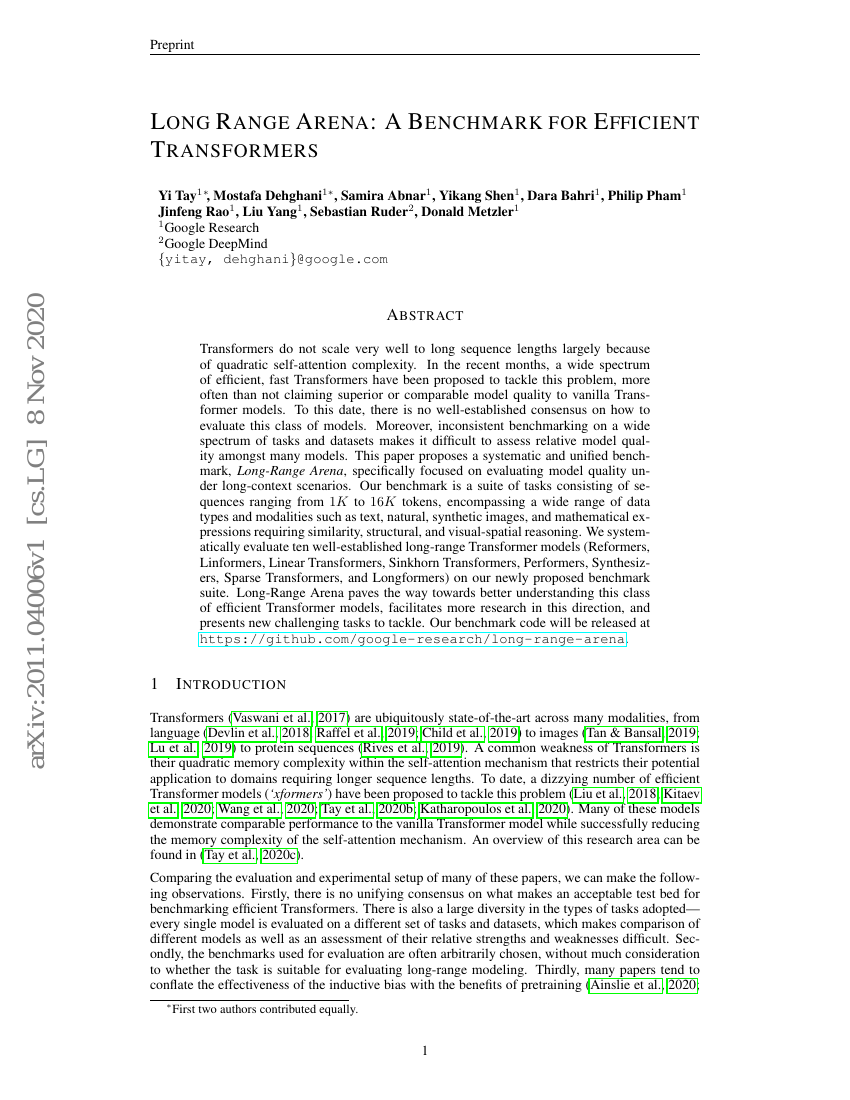 长程竞技场:高效Transformer的基准测试