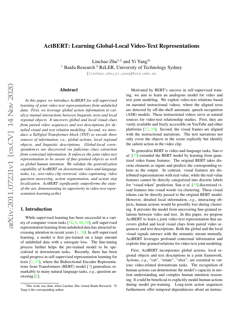 ActBERT:学习全局-局部视频-文本表示
