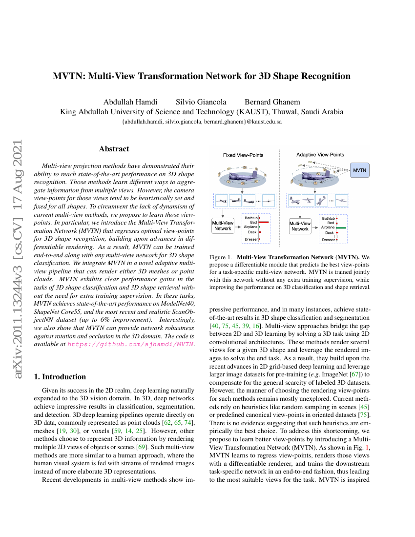 MVTN:多视图变换网络用于3D形状识别