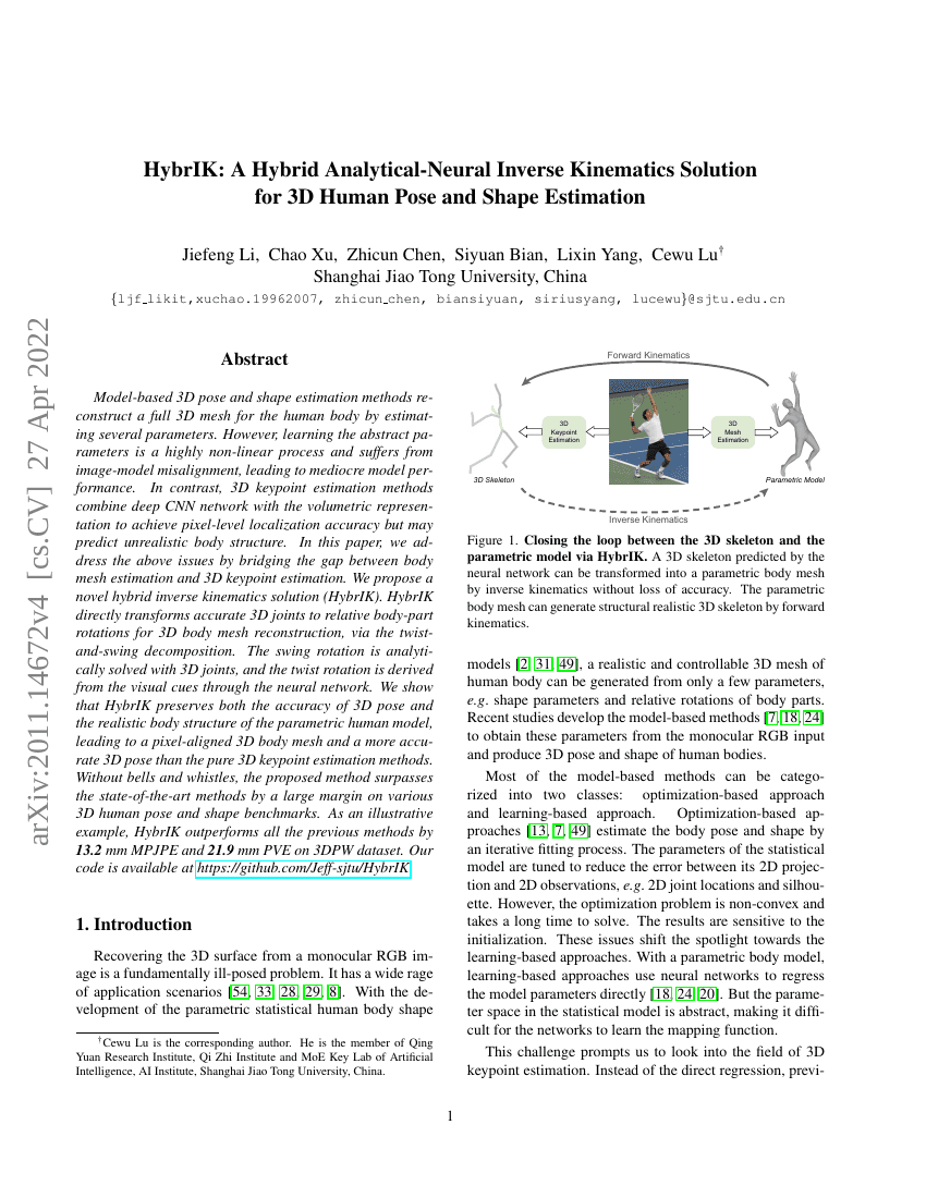 HybrIK:一种用于3D人体姿态和形状估计的混合解析-神经逆运动学解决方案