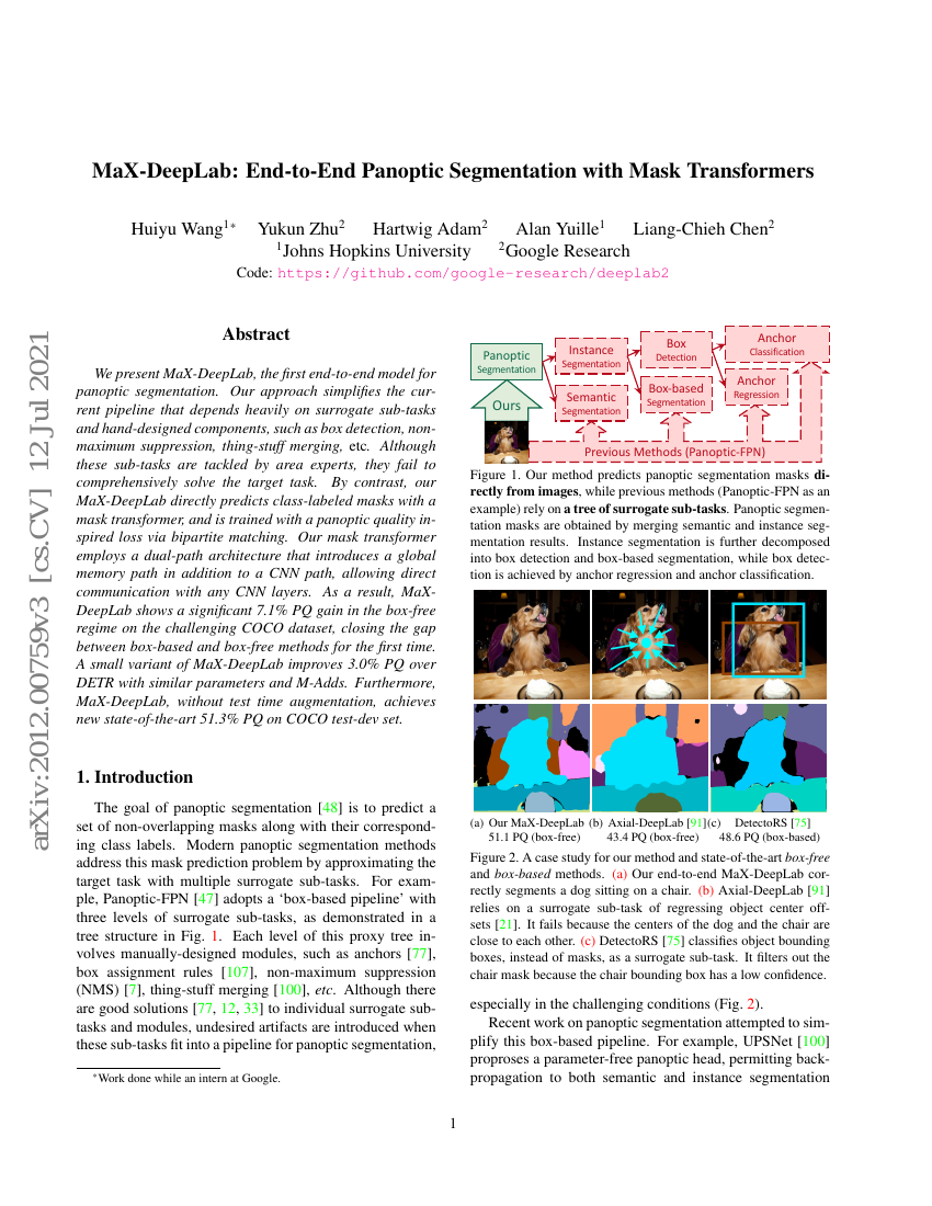 MaX-DeepLab:基于掩码Transformer的端到端全景分割