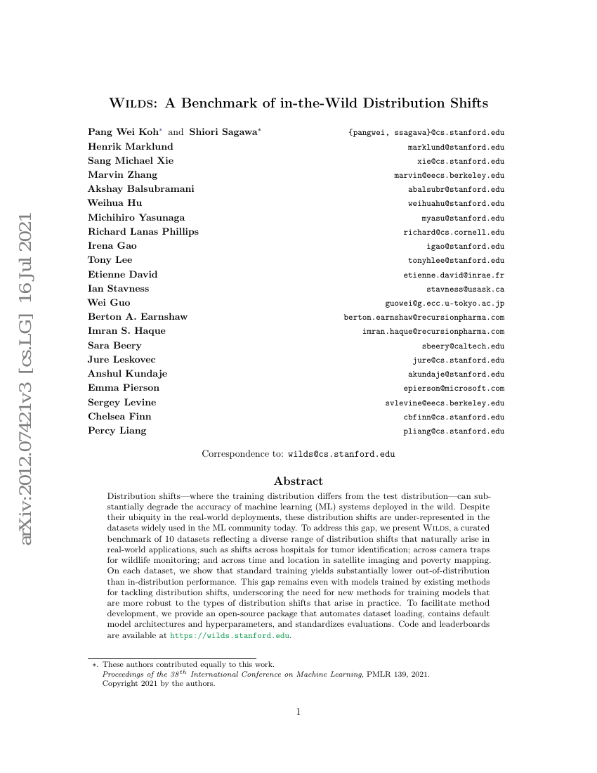 WILDS:野外分布偏移的基准测试
